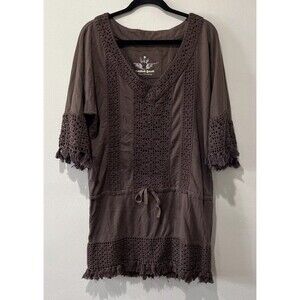 Twisted Heart Tunic Mini Dress Women’s Large Brown Y2K Boho Crochet Festival